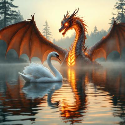 Primary subject: Swan and dragon
Setting/background: Water
Visual style: Digital art
Colors and mood: Orange and yellow